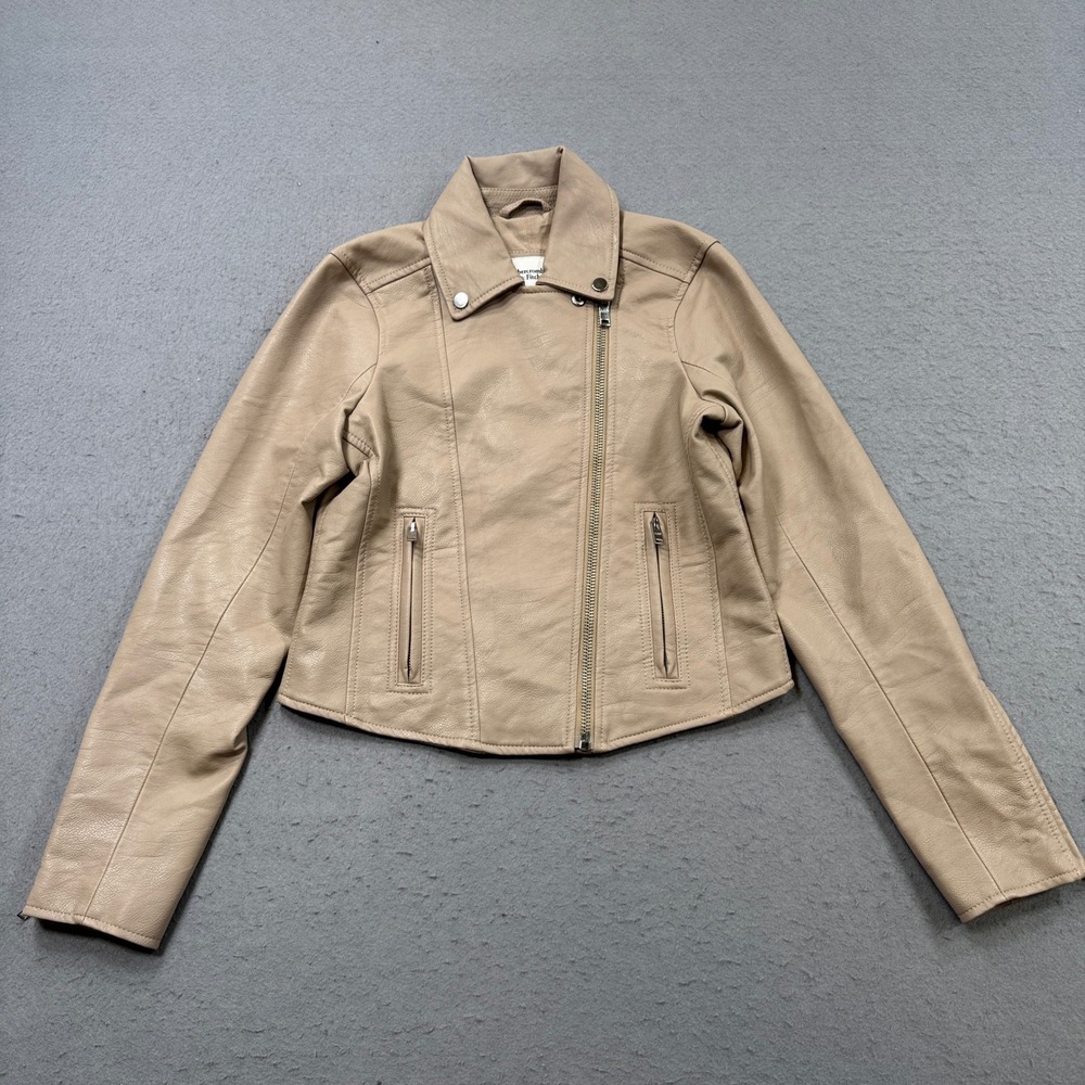 Abercrombie & Fitch Jacket Women's Medium Tan Vegan Leather Cropped Biker Moto